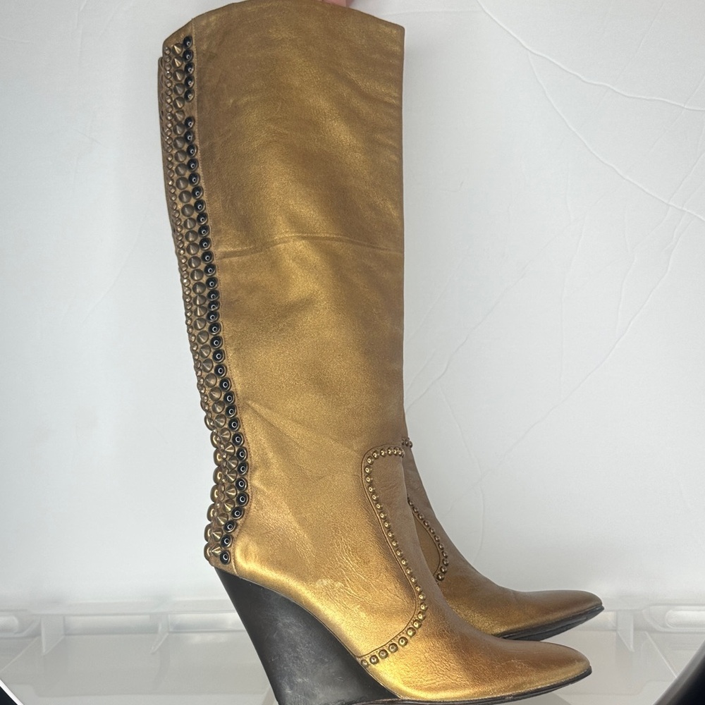 Vicini Gold and Black Studded Wedge Boots
